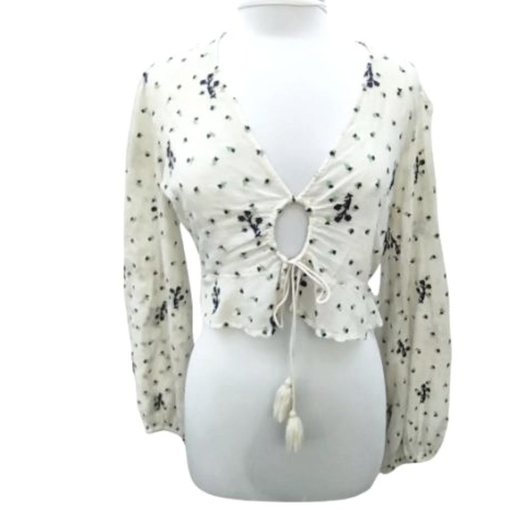 Free People Blouse Women's size Medium Ivory with Navy and Green Embroidery Boh